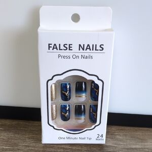24-Piece Navy Blue and Gold Press On False Nails Set